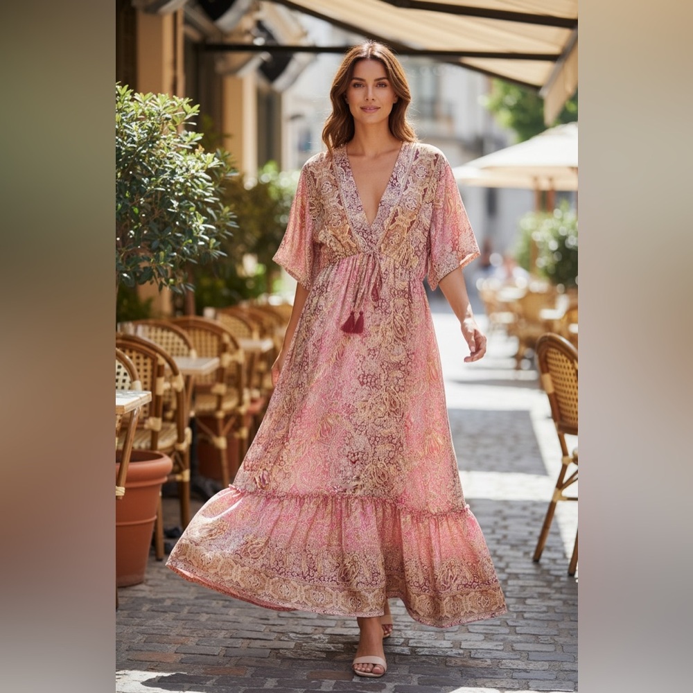 NWT Pink Paisley V-Neck Maxi Dress with Tassel Tie